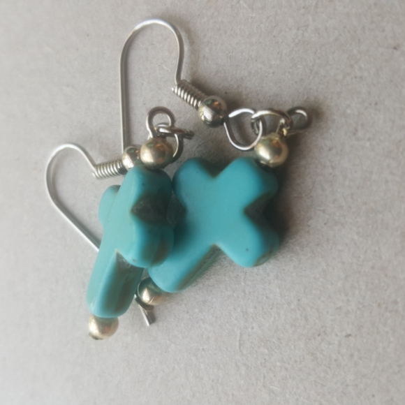 Turquoise Cross Earrings Western Boho Antiques Stone Howlite - Picture 5 of 8